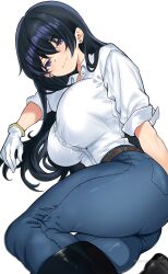 Rule 34 | 1girl, absurdres, arato nagi, ass, belt, black hair, blue pants, blush, breasts, closed mouth, collared shirt, commentary request, curvy, denim, ear piercing, earrings, gloves, hair between eyes, harutoyumaarts, highres, jeans, jewelry, large breasts, looking at viewer, pants, piercing, purple eyes, ruri no houseki, shirt, simple background, sleeves rolled up, smile, solo, stud earrings, thighs, white background, white gloves, white shirt