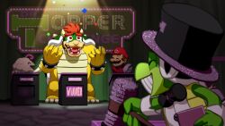 4boys black_hat blue_overalls bowser bracelet closed_eyes colored_skin confetti dr._topper_(super_mario_rpg) facial_hair hat horns jewelry joeadok male_focus mallow_(mario) mario mario_(series) multiple_boys mustache nintendo overalls red_eyes red_hair red_hat spiked_bracelet spikes spotlight super_mario_rpg tears teeth toy_hammer yellow_skin