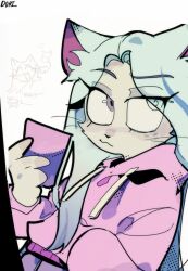 1girl andrea_davenport animal_ears blue_hair brown_eyes cat_ears cat_girl dori10961789 freckles holding holding_phone light_blue_hair long_hair looking_at_viewer multicolored_hair phone smile solo streaked_hair sweater the_ghost_and_molly_mcgee whiskers