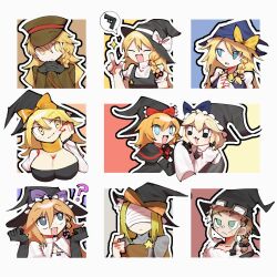 6+girls :3 ? akane_(cookie) black_eyes black_gloves black_hat black_vest blindfold blonde_hair blue_eyes blue_hat bow bowtie braid breasts brown_hat brown_jacket cleavage closed_mouth commentary_request cookie_(touhou) expressionless freckles frilled_hat frills gendou_pose gloves goggles goggles_on_headwear grey_eyes hair_bow hands_clasped hat hitsuji_tamura holding_hands ichirou_(cookie) jacket kirisame_marisa kohaku_(cookie) large_breasts long_hair meguru_(cookie) mikami_makoto military_hat military_uniform multiple_girls open_mouth own_hands_clasped own_hands_together purple_bow ruka_(cookie) shirt short_bangs side_braid single_braid smile star_(symbol) suzu_(cookie) touhou upper_body vest white_background white_shirt witch_hat yellow_bow yellow_bowtie yellow_eyes yuuhi_(cookie) zakuro_ishi