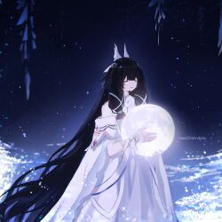 1girl angel_wings bandaged_arm bandages bare_shoulders black_hair blindfold closed_eyes columbina_(genshin_impact) dress genshin_impact highres light_smile long_hair moon snow very_long_hair white_dress wings yumicowyvern