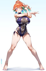 1girl absurdres aqua_hair barefoot blush breasts cleavage covered_navel crossed_arms feet full_body grin high_ponytail highres hololive hololive_english large_breasts legs_apart maro2ki3 multicolored_hair nail_polish official_alternate_costume one-piece_swimsuit one_eye_closed orange_hair perfume_(takanashi_kiara) ponytail purple_eyes purple_nails purple_one-piece_swimsuit see-through_cleavage see-through_clothes smile solo standing stretching swimsuit takanashi_kiara toenail_polish toenails two-tone_hair virtual_youtuber wet