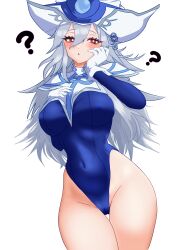 Rule 34 | 1girl, ?, absurdres, blue leotard, blush, breasts, cameltoe, duel monster, gloves, grey hair, hair between eyes, hat, highres, leotard, long hair, looking at viewer, oldsickkim, parted lips, purple eyes, silent magician, simple background, sleeved leotard, white background, white gloves, white hat, wizard hat, yu-gi-oh!
