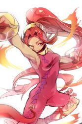 1girl armpits bangle bracelet breasts cross-laced_clothes cross-laced_legwear dark-skinned_female dark_skin din highres jewelry kairi_(kai_ri) long_hair neck_ring nintendo one_eye_closed pointy_ears ponytail red_eyes red_hair simple_background smile solo the_legend_of_zelda the_legend_of_zelda:_oracle_of_seasons unitard very_long_hair white_background
