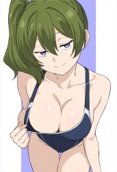 1girl blue_one-piece_swimsuit breasts cleavage clothes_pull collarbone commentary_request competition_swimsuit green_hair highres large_breasts looking_at_viewer one-piece_swimsuit one-piece_swimsuit_pull purple_eyes shibacat13 side_ponytail solo sousou_no_frieren swimsuit ubel_(sousou_no_frieren) white_background