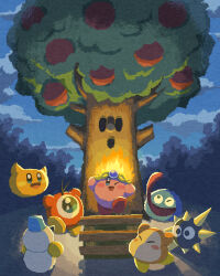 :o ;d apple arms_up blue_hat blush blush_stickers chilly_(kirby) closed_eyes cloud copy_ability fire fire_kirby floating food from_behind fruit gooey_(kirby) gordo hat highres kirby kirby_(series) long_tongue miclot night nintendo no_humans one-eyed one_eye_closed open_mouth outdoors scarfy smile snowman spikes tongue tongue_out tree waddle_dee waddle_doo whispy_woods
