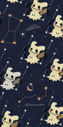 alternate_color black_eyes constellation_request crescent_moon gen_7_pokemon highres mimikyu moon night night_sky nintendo no_humans on_swing pokemon pokemon_(creature) satsumapotato shiny_pokemon shooting_star sky star_(sky) swing swinging twitter_username wavy_mouth