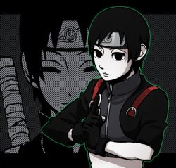 1boy black_eyes black_hair gloves kamoi_hayato male_focus naruto_(series) naruto_shippuuden partially_colored sai solo