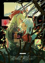 2girls artist_request ascot bang_dream! bang_dream!_it&#039;s_mygo!!!!! black_ascot black_capelet black_gloves black_ribbon black_skirt blue_brooch blue_hair capelet castle commentary commission earrings fire gloves green_hair hair_ribbon hand_in_another&#039;s_hair hashtag-only_commentary hat heart_(organ) highres jewelry looking_at_another mortis_(bang_dream!) mortis_(costume)_(bang_dream!) multiple_girls oblivionis_(bang_dream!) parted_lips red_hat red_shirt ribbon sample_watermark second-party_source shirt skirt togawa_sakiko two_side_up umbrella wakaba_mutsumi watermark yellow_eyes yuri