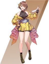 1girl ageha_(farapo) bare_shoulders black_gloves boots breasts brown_eyes brown_hair butterfly_hair_ornament fantome_rapport fingerless_gloves full_body gloves hair_ornament jacket knees long_sleeves off_shoulder official_art open_mouth short_hair shorts simple_background solo thighs tight_clothes transparent_background