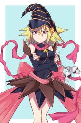 1girl absurdres bare_shoulders blonde_hair breasts covered_navel crossed_arms detached_sleeves duel_monster feet_out_of_frame frown gagaga_girl hair_between_eyes hat highres holding holding_phone long_hair looking_at_viewer medium_breasts nonono_mino phone red_eyes shiny_clothes skull_ornament solo spiked_hair white_background wizard_hat yu-gi-oh! yu-gi-oh!_zexal