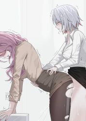 1futa 1girl absurdres black_pantyhose black_skirt blush breasts brown_shirt brown_skirt cleavage closed_eyes clothes_lift collared_shirt colored_inner_hair commentary cowboy_shot cum cum_overflow female_orgasm from_side futa_with_female futanari hair_ornament highres honkai:_star_rail honkai_(series) implied_futanari jade_(honkai:_star_rail) large_breasts long_hair medium_breasts multicolored_hair nail_polish office_lady orgasm pantyhose parted_lips pink_hair purple_hair purple_lips purple_nails seol_(baconontheclock) sex sex_from_behind shirt short_hair skirt skirt_lift standing standing_sex topaz_(honkai:_star_rail) torn_clothes torn_pantyhose torso_grab trembling white_hair white_shirt