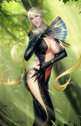 Rule 34 | 1girl, audia pahlevi, blonde hair, blue eyes, bodysuit, breasts, capcom, cleavage, female focus, fishnets, hand fan, highres, kasuga, kunai, large breasts, navel, open center, sengoku basara, short hair with long locks, solo, stomach, weapon