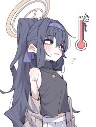 1girl bags_under_eyes black_hair blue_archive blush cardigan hair_between_eyes hairband halo highres koyansuee long_hair looking_at_viewer skirt sleeveless sleeveless_turtleneck solo thermometer turtleneck ui_(blue_archive)