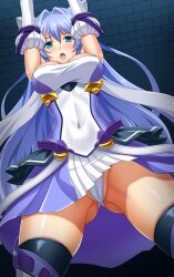 1girl absurdres aqua_eyes armlet arms_up bare_shoulders blue_hair blue_skirt blush boots breasts brick cameltoe covered_navel elbow_gloves exs-tia from_below gem gloves gluteal_fold hair_between_eyes hair_intakes headgear highres jewelry katsuragi_marina kouyoku_senki_exs-tia large_breasts layered_skirt leotard long_hair looking_at_viewer lusterise magical_girl open_mouth pleated_skirt shiny_skin sirano skirt solo standing straight_hair thigh_boots third-party_source white_boots white_gloves