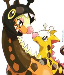 animal_focus blue_eyes brown_eyes farigiraf gen_2_pokemon girafarig giraffe half-closed_eyes highres multicolored_fur nintendo no_humans open_mouth pokemon pokemon_(creature) rorosuke sharp_teeth simple_background spikes teeth white_background