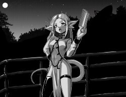 Rule 34 | 1girl, alien, breasts, character request, forehead, forest, full moon, greyscale, high collar, highres, holding, holding tray, long hair, long sleeves, long tail, looking at viewer, medium breasts, momoiro (momoiro tosagare), monochrome, moon, nature, navel, night, night sky, open mouth, outdoors, pelvic curtain, pointy ears, radio antenna, railing, science fiction, sky, solo, standing, star (sky), starry sky, tail, thick eyebrows, thighhighs, thighs, tray, voices of the void, whiskers