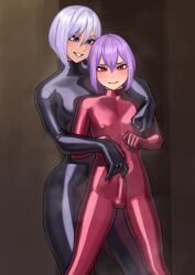 Rule 34 | 1boy, 1girl, absurdres, blue eyes, bodysuit, covered erect nipples, covered penis, femdom, handjob, highres, kilye kairi, latex, latex bodysuit, looking at another, looking at viewer, nipple stimulation, nipple tweak, open mouth, original, purple hair, red eyes, short hair, skin tight, smile, standing, teeth