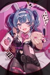 1girl animal_ears bare_shoulders black_pantyhose blue_eyes blue_hair blush bow bowtie breasts card clothing_cutout commentary commentary_request detached_collar donut fake_animal_ears feet fingernails food hair_between_eyes hatsune_miku headband heart heart-shaped_pupils heart_cutout highleg highleg_leotard highres leotard looking_at_viewer o-ring o-ring_thigh_strap open_mouth pantyhose pink_bow pink_bowtie pink_nails playboy_bunny playing_card rabbit_hole_(vocaloid) sidelocks sitting skull_08 small_breasts solo stuffed_animal stuffed_toy symbol-shaped_pupils teardrop_facial_mark thigh_strap vocaloid