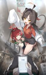 1boy 2girls ahoge black_hair black_horns black_pants black_shorts black_tail blue_archive blush breasts cellphone closed_eyes coat collared_shirt demon_horns demon_tail drill fang goggles goggles_on_head grin hair_intakes hair_ornament hairpin halak0000 halo highres holding holding_phone horns kasumi_(blue_archive) lab_coat large_breasts long_hair long_sleeves megu_(blue_archive) multiple_girls open_clothes open_coat open_mouth pants phone red_hair red_halo red_horns red_shirt sandals sensei_(blue_archive) shirt shorts signature sleeves_past_fingers sleeves_past_wrists small_breasts smartphone smile tail tank_top water white_coat white_tank_top yellow_eyes