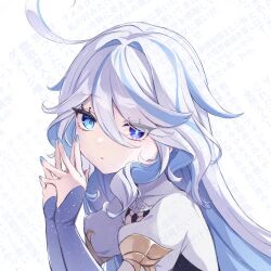Rule 34 | 1girl, blue eyes, blue hair, blue nails, commentary, cowlick, drop-shaped pupils, furina (genshin impact), genshin impact, hair intakes, heterochromia, highres, juliet sleeves, kkr rkgk, long hair, long sleeves, multicolored hair, nail polish, puffy sleeves, sleeves past wrists, solo, steepled fingers, streaked hair, symbol-shaped pupils, two-tone hair, white hair