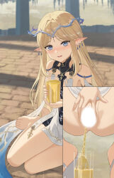 1girl barefoot blonde_hair blue_eyes blush botan_m cartethyia_(wuthering_waves) censored feet glass highres long_hair looking_at_viewer parted_lips pee peeing peeing_in_cup pointy_ears spread_pussy squatting toes wuthering_waves