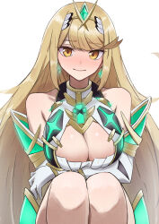 1girl absurdres amausa_subee bare_shoulders blonde_hair blush breasts cleavage cleavage_cutout closed_mouth clothing_cutout commentary dress earrings highres jewelry large_breasts long_hair looking_at_viewer mythra_(xenoblade) simple_background smile solo tiara white_background white_dress xenoblade_chronicles_(series) xenoblade_chronicles_2 yellow_eyes