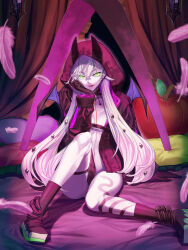 1girl black_hands black_jacket body_markings breasts choker cleavage colored_extremities crossed_bangs demon_girl demon_horns demon_wings ear_piercing fate/grand_order fate_(series) green_eyes grey_hair hair_between_eyes highres hood horns jacket lilith_(fate) lilith_(first_ascension)_(fate) long_hair long_sleeves looking_at_viewer low_twintails medium_breasts piercing shoes sitting smile sneakers solo takenoko_seijin thigh_strap twintails wings