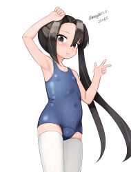 Rule 34 | 1girl, absurdres, aged down, black eyes, black hair, blue one-piece swimsuit, breasts, covered navel, dated, feet out of frame, highres, kantai collection, long hair, maru (marg0613), nachi (kancolle), one-hour drawing challenge, one-piece swimsuit, school swimsuit, side ponytail, simple background, small breasts, solo, swimsuit, thighhighs, twitter username, white background, white thighhighs