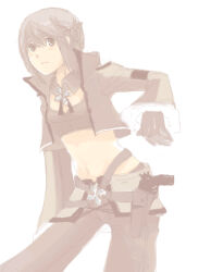 Rule 34 | 1girl, blush, breasts, brown gloves, brown jacket, brown pants, brown tank top, closed mouth, commentary request, cowboy shot, crop top, expressionless, fur-trimmed sleeves, fur trim, gloves, grey eyes, grey hair, gun, gunslinger (ragnarok online), handgun, holster, jacket, long sleeves, looking at viewer, lowres, midriff, navel, open clothes, open jacket, pants, ragnarok online, short hair, simple background, small breasts, solo, tank top, waya (takaomi777), weapon, white background