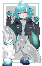 1girl :d absurdres ahoge aqua_bodysuit aqua_eyes aqua_hair bodysuit bodysuit_under_clothes boots breasts claw_pose covered_pussy cropped_jacket grey_bodysuit hair_ornament highres hood hood_down hooded_jacket jacket latex latex_bodysuit looking_at_viewer maguro27 medium_breasts open_mouth original rabbit_hair_ornament shiny_clothes short_hair skin_tight smile solo squatting thigh_strap two-tone_bodysuit variant_set