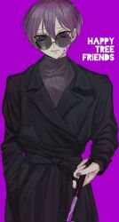 Rule 34 | 1boy, black coat, blind, blood, blood on eyewear, blood on face, cane, closed mouth, coat, copyright name, expressionless, happy tree friends, highres, long sleeves, looking at viewer, male focus, purple background, purple nails, simple background, solo, sweater, the mole (happy tree friends), tinted eyewear, turtleneck, turtleneck sweater, yadu nadu