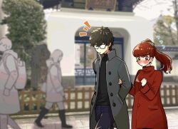 1boy 1girl amamiya_ren bafarin black-framed_eyewear black_hair black_jacket black_sweater blue_pants blush buttons coat commentary_request couple flying_sweatdrops glasses hair_ribbon hand_in_pocket hetero jacket locked_arms long_hair long_sleeves open_clothes open_jacket outdoors pants persona persona_5 persona_5_the_royal pocket ponytail red_coat red_eyes red_hair ribbon short_hair sweater turtleneck turtleneck_sweater yoshizawa_kasumi