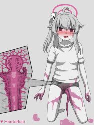 Rule 34 | 1girl, blue archive, buruma, buruma aside, clothing aside, cross-section, greyscale, gym shirt, gym uniform, hentarise, highres, mind break, mind control, monochrome, natsu (blue archive), parasite, school uniform, self-upload, shirt, short sleeves, spot color, tentacles, uterus