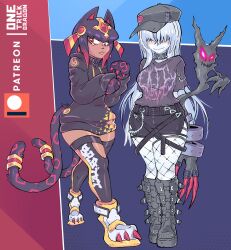 absurdres bastemon black_hair bracelet casual cat_girl claws covered_eyes demon_girl digimon digimon_(creature) glowing glowing_eyes highres jewelry ladydevimon looking_at_viewer onetrickdragon red_eyes tail white_hair
