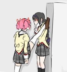 2girls akemi_homura avanes_d black_hair blush commentary covering_face foot_kabedon highres kabedon kaname_madoka locker_foot_kabedon_(meme) looking_at_another mahou_shoujo_madoka_magica mahou_shoujo_madoka_magica_(anime) meme mitakihara_school_uniform multiple_girls parody pink_hair school_uniform symbol-only_commentary thighhighs twintails yuri