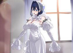 1girl absurdres alternate_costume black_hair blue_eyes breasts bridal_veil cleavage detached_sleeves dress highres hololive hololive_english indoors koizumi_arata large_breasts long_sleeves looking_at_viewer ouro_kronii puffy_long_sleeves puffy_sleeves see-through_clothes see-through_veil sleeves_past_fingers sleeves_past_wrists solo veil virtual_youtuber white_dress window