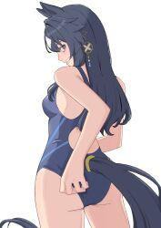 1girl absurdres animal_ears ass blue_hair breasts earrings grin hair_between_eyes highres horse_ears horse_girl horse_tail jewelry krim_(mvvs4747) long_hair looking_at_viewer medium_breasts purple_eyes simple_background single_earring smile solo swimsuit tail umamusume verxina_(umamusume) white_background