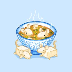 artist_name blue_background bowl charongess food food_art miso_soup mouse_(animal) no_humans soup sparkle steam