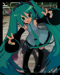 1girl 3d :d absurdres animasa_model_(mikumikudance) antenna_hair aqua_eyes aqua_hair aqua_nails aqua_necktie black_boots black_border black_skirt blush boots border breasts collared_shirt commentary day detached_sleeves double_v english_commentary fang full_body grey_shirt hair_between_eyes hair_ornament hairclip hands_up hatsune_miku highres kio_(majin_kz) long_hair looking_at_viewer making-of_available mikumikudance_(medium) miniskirt mixed-language_commentary necktie number_tattoo open_mouth outdoors outside_border outstretched_arms photo-referenced pleated_skirt shadow shirt shoulder_tattoo skin_fang skirt sleeveless sleeveless_shirt small_breasts smile solo standing tattoo thigh_boots tie_clip tsurime twintails v very_long_hair vocaloid wing_collar