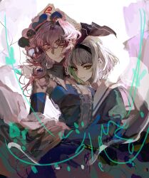 Rule 34 | 2girls, alternate costume, bare shoulders, blue dress, blue gloves, dress, elbow gloves, expressionless, gloves, green shirt, hair between eyes, hairband, hat, highres, hug, konpaku youmu, long sleeves, multiple girls, pink eyes, pink hair, saigyouji yuyuko, shirt, touhou, upper body, wavy hair, white hair, xian qishui, yellow eyes