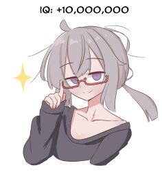 1girl black_shirt collarbone cropped_torso girls&#039;_frontline glasses grey_hair hand_up long_hair long_sleeves low_ponytail m200_(girls&#039;_frontline) ponytail puffy_long_sleeves puffy_sleeves purple_eyes red-framed_eyewear semi-rimless_eyewear shirt simple_background sleeves_past_wrists smart_oval solo sparkle under-rim_eyewear upper_body white_background