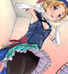 1girl black_pantyhose blue_eyes blush braid breasts cleavage elbow_gloves electric_fan girls_und_panzer gloves highres indoors miniskirt nabeyu open_mouth orange_hair orange_pekoe_(girls_und_panzer) panties panties_under_pantyhose pantyhose skirt small_breasts solo underwear white_gloves yellow_panties