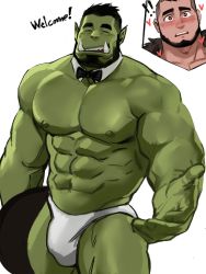 2boys ^_^ abs bara beard beckoning briefs bulge closed_eyes colored_skin dopey_(dopq) english_text facial_hair fangs fantasy green_skin heart heart-shaped_pupils highres interspecies large_pectorals male_focus male_underwear mature_male monster_boy multiple_boys muscular muscular_male navel nipples orc original paid_reward_available pectorals short_hair size_difference smile stomach symbol-shaped_pupils thick_eyebrows thick_thighs thighs topless_male underwear underwear_only waiter warrior white_male_underwear yaoi