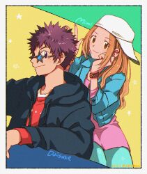 Rule 34 | 1boy, 1girl, aged up, baseball cap, black cardigan, blue-tinted eyewear, blue jacket, blue pants, bracelet, brown eyes, brown hair, cardigan, character name, closed mouth, dated, digimon, digimon adventure 02, gdn0522, hat, highres, hood, hood down, hooded cardigan, jacket, jewelry, long hair, long sleeves, motomiya daisuke, nail polish, open cardigan, open clothes, open jacket, pants, pink shirt, red nails, red shirt, shirt, short hair, smile, spiked hair, star-shaped eyewear, star (symbol), sunglasses, tachikawa mimi, tinted eyewear, twitter username, white hat
