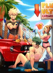 1boy 2girls bakugou_katsuki black_shirt blonde_hair blue_shorts blue_sky blush_stickers boku_no_hero_academia brown_eyes brown_hair bucket car car_wash_(place) cloud commentary dolphin_shorts english_commentary film_grain freckles green_eyes green_hair grin high_ponytail highres holding holding_hose hose hose_nozzle mica_(c_killjoy) midoriya_izuku motor_vehicle multiple_girls muscle_car muscular muscular_male one_eye_closed pink_shorts ponytail red_eyes sandals shirt short_shorts shorts sitting sky smile soap_bubbles sponge spraying tank_top uraraka_ochaco watermark wet white_tank_top