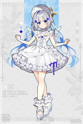 1girl :o absurdres alternate_costume amane_kanata blue_flower blue_hair blue_rose blush bonnet bow colored_inner_hair commentary_request dress english_text flower full_body grey_background grey_hair halo hat highres hololive long_hair looking_at_viewer multicolored_hair purple_eyes rose solo two-tone_background virtual_youtuber waka_(wk4444) watermark white_dress white_footwear white_hat