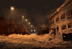 apartment art_study bare_tree building fence forest highres landscape nature night no_humans original outdoors painterly popauuu power_lines scenery snow tree window winter wooden_fence yellow_theme