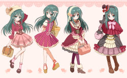 10s 1girl alternate_costume animal_print arm_behind_head bag blush bookbag boots bow capelet crossed_arms dress frills frown gloves green_hair hair_ribbon hairband hat lolita_fashion lolita_hairband long_hair looking_back minashiro_orihime mini_hat mini_top_hat multiple_views pantyhose ribbon sakaki_tsui sandals shoulder_bag socks soukyuu_no_fafner squid squid_print top_hat
