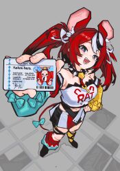 1girl :d absurdres animal_ears barcode black_hair blue_eyes collar commentary detached_sleeves english_commentary english_text from_above grey_background hakos_baelz hakos_baelz_(1st_costume) hand_on_own_hip highres holding_id_card hololive hololive_english id_card long_hair looking_at_viewer mouse_ears mouse_girl mouse_tail multicolored_hair old_metal_666 open_mouth perspective red_hair sharp_teeth shirt skirt smile spiked_collar spikes streaked_hair tail teeth twintails virtual_youtuber white_hair white_shirt